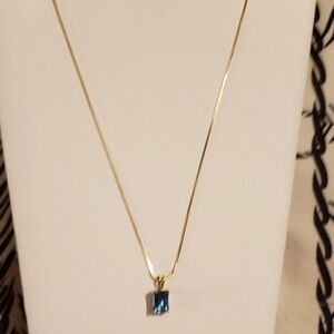 10K 22" INCH YG 1CARAT EMERALD CUT SWISS BLUE TOPAZ PENDANT NECKLACE